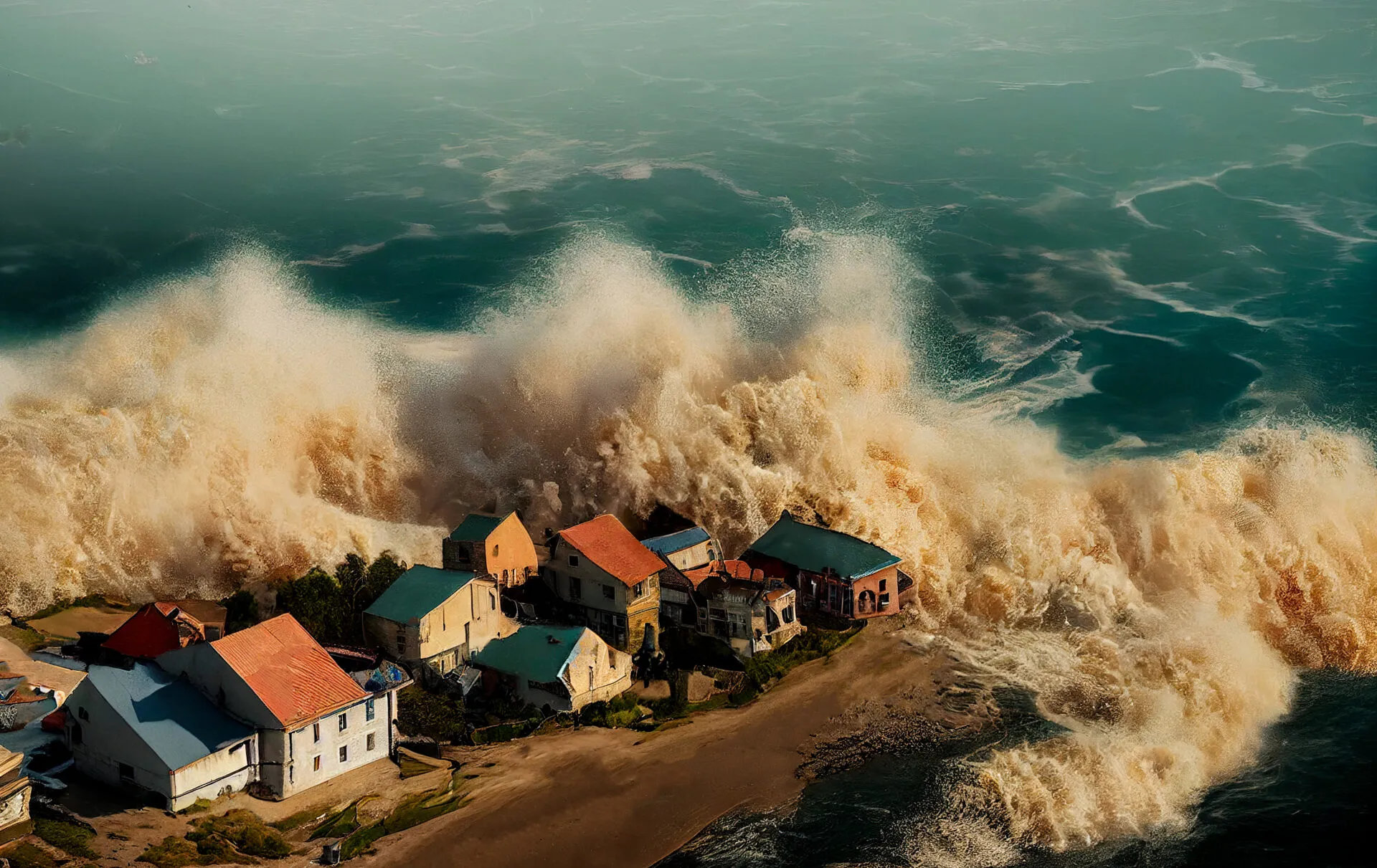 A tsunami hit a small seaside town. Apocalyptic dramatic background,  giant tsunami waves, dark stormy sky, Tornado. Huge waves Tsunami Big waves.