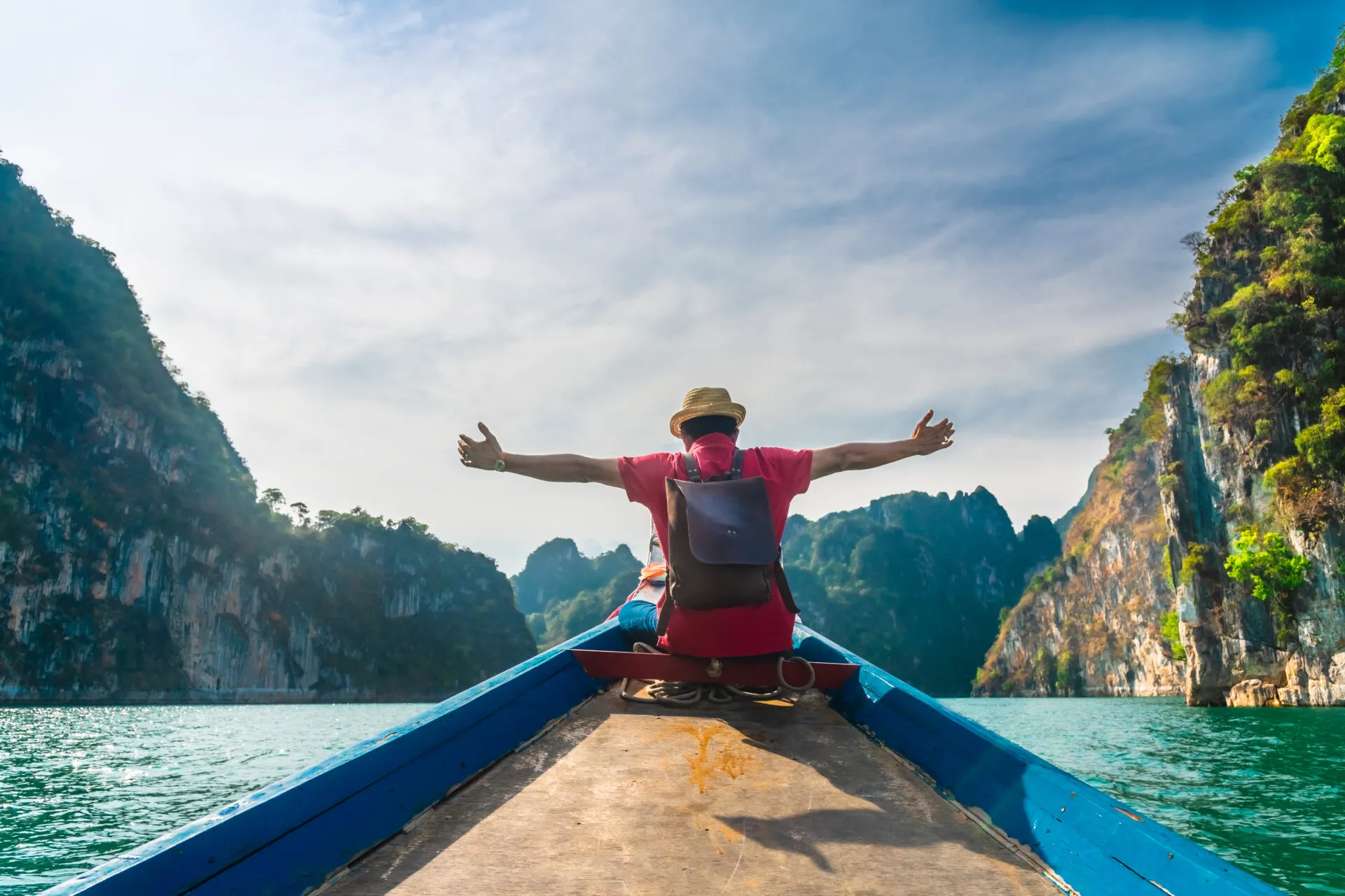 Man traveler on boat joy fun with nature rock mountain island scenic landscape Khao Sok National park, Famous travel adventure place Thailand, Tourism beautiful destinations Asia holiday vacation trip