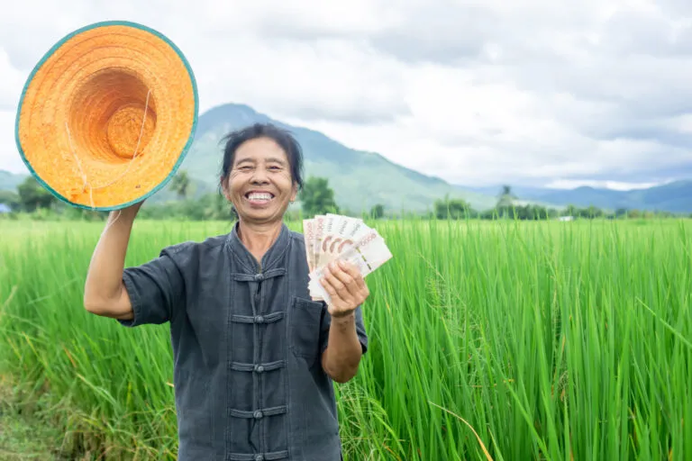 happy Asian old female farmer hand holding Thai baht money smiling over green rice farm